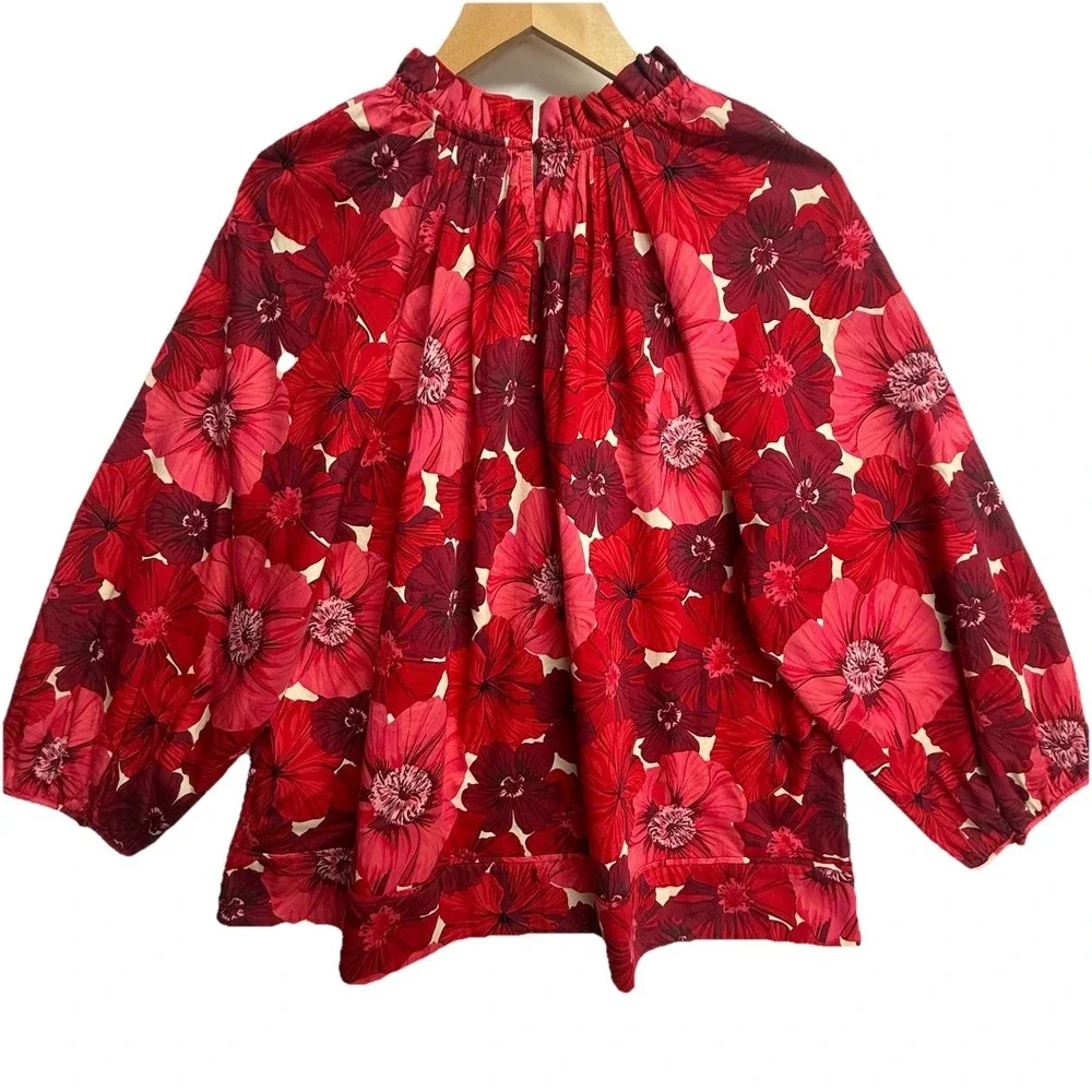Crown & Ivy Floral Blouse Womens L Red Ruffle Neck Boho Peasant Top - Picture 2 of 13